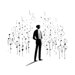 Strichzeichnung eines Mannes, der Sido repräsentiert und im Mittelpunkt steht, umgeben von Musiknoten, die seinen beruflichen Erfolg und persönliche Herausforderungen symbolisieren.