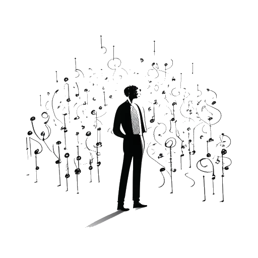 Strichzeichnung eines Mannes, der Sido repräsentiert und im Mittelpunkt steht, umgeben von Musiknoten, die seinen beruflichen Erfolg und persönliche Herausforderungen symbolisieren.