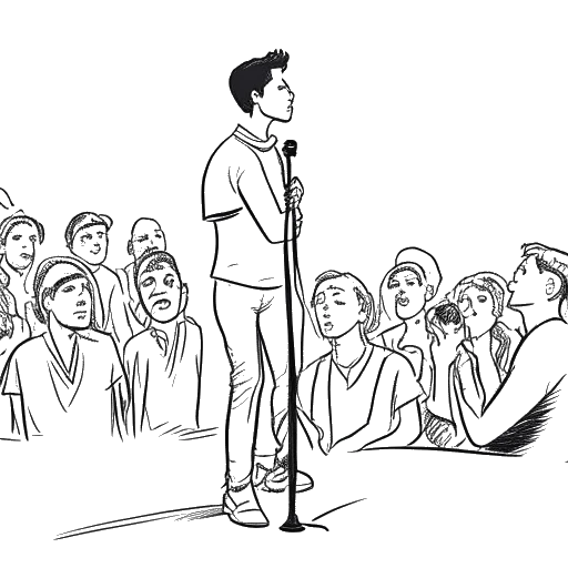 Strichzeichnung eines jungen Mannes, der Sido repräsentiert, der bei einer offenen Bühnensession Rap performt und die Aufmerksamkeit des Publikums einfängt.