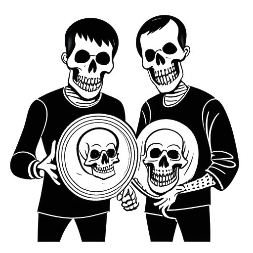 Strichzeichnung von zwei Männern, die Sido und seinen Partner darstellen, die ein Plattenlabel-Schild halten und lächeln