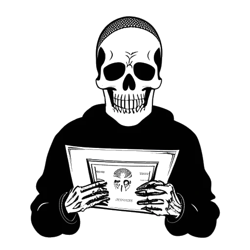 Strichzeichnung eines Mannes, der Sido darstellt, der ein #1-Album hält und eine Totenkopfmaske trägt