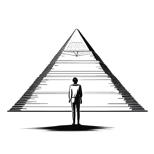 Strichzeichnung eines Mannes, der Sido darstellt, der neben einer goldenen Pyramide steht