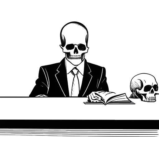 Strichzeichnung eines Mannes, der Sido darstellt, der an einem Richtertisch sitzt und eine Totenkopfmaske trägt