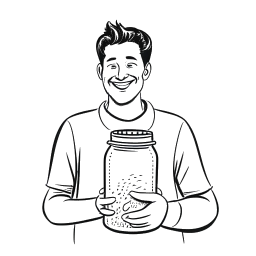 Strichzeichnung eines Mannes, der Sido darstellt, der ein Glas eingelegter Gurken hält und lächelt