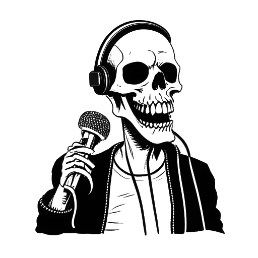 Strichzeichnung eines Mannes, der Sido darstellt, der ein Mikrofon hält und eine Totenkopfmaske trägt, mit einer Sprechblase, die den Ausdruck 'Scheiße ins Ohr' enthält