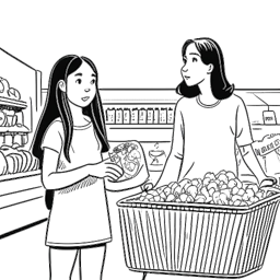 Strichzeichnung eines jungen Mädchens, das Lily Chee repräsentiert, das beim Einkaufen von einem Talentsucher entdeckt wird, dargestellt im Obst- und Gemüsegang eines Supermarkts vor einem weißen Hintergrund.