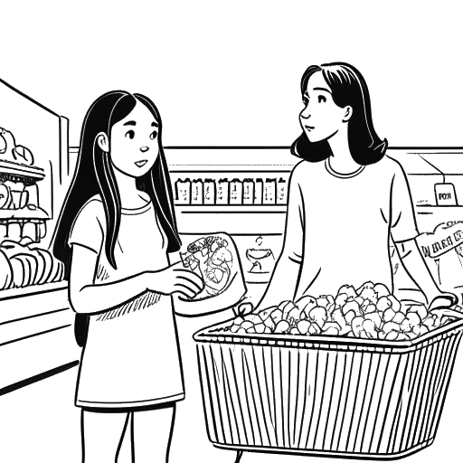 Line art drawing of a young girl, representing Lily Chee, casually shopping when discovered by a talent scout, set in a supermarket produce aisle, against a white backdrop.
