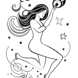 Lijn kunsttekening van een jong meisje, die Lily Chee vertegenwoordigt, aan het sporten met koptelefoon, speels afgebeeld met een zeemeerminstaart, het sterrenbeeld Maagd en muzieknoten, tegen een witte achtergrond.