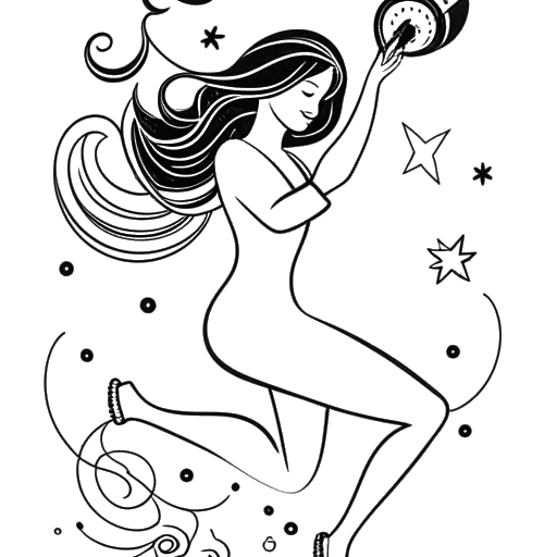 Line art drawing of a young girl, representing Lily Chee, working out with headphones, whimsically depicted with a mermaid tail, Virgo star sign, and musical notes, against a white background.