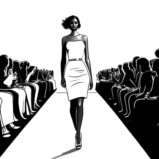 Line art drawing of a confident young girl, representing Lily Chee, modeling on a fashion runway with casting agents looking on, highlighted by runway spotlights, on a white backdrop.