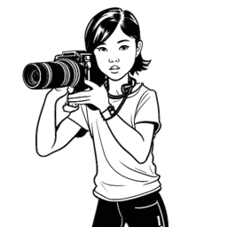 Desenho em arte linear de uma jovem, representando Lily Chee como Young Elektra, em uma pose de artes marciais com uma câmera de filmar e o logotipo da Netflix, simbolizando sua carreira de atuação, em um fundo branco.