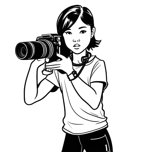 Desenho em arte linear de uma jovem, representando Lily Chee como Young Elektra, em uma pose de artes marciais com uma câmera de filmar e o logotipo da Netflix, simbolizando sua carreira de atuação, em um fundo branco.