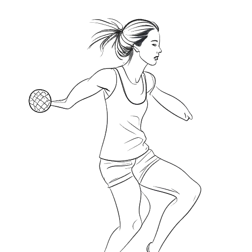Dibujo de línea de una mujer joven, representando a Lily Chee, participando en varios deportes y actividades