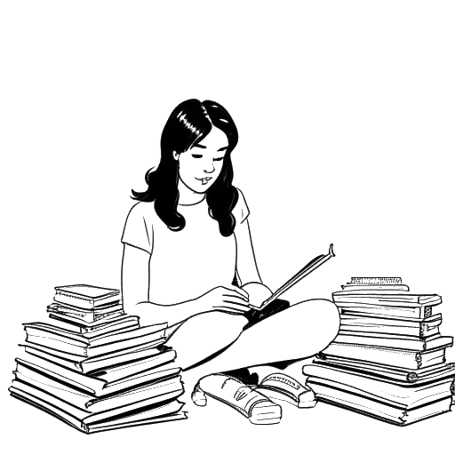 Desenho em arte linear de uma jovem mulher, representando Lily Chee, lendo um livro, com capas de livros ao fundo