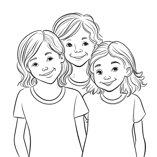 Dibujo de línea de una hermana mayor, representando a Lily Chee, con sus dos hermanas menores a su alrededor