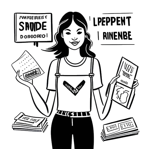 Line art drawing of a young woman, representing Lily Chee, holding a sign that says 'Independent', with images of a career and a school in the background