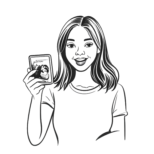 Line art drawing of a young woman, representing Lily Chee, holding a phone and taking a selfie, with food photos in the background