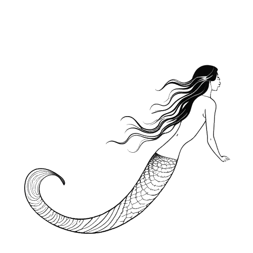 Line art drawing of a young woman, representing Lily Chee, with a mermaid tail, swimming in the ocean