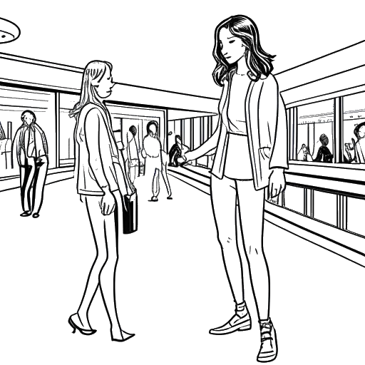 Line art drawing of a young girl, representing Lily Chee, being discovered by a modeling agent in a shopping mall