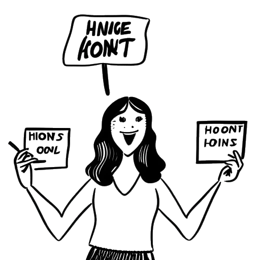 Line art drawing of a young woman, representing Lily Chee, holding signs with the words 'honest', 'hardworking', 'loyal', 'funny', and 'quirky'