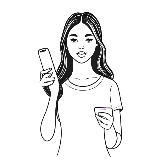 Desenho em arte linear de uma jovem mulher, representando Lily Chee, segurando um celular com os logotipos do Instagram e YouTube