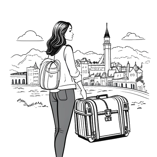 Disegno in stile line art di una giovane donna, che rappresenta Lily Chee, tiene in mano una valigia, con immagini dell'Islanda e di Disneyland sullo sfondo
