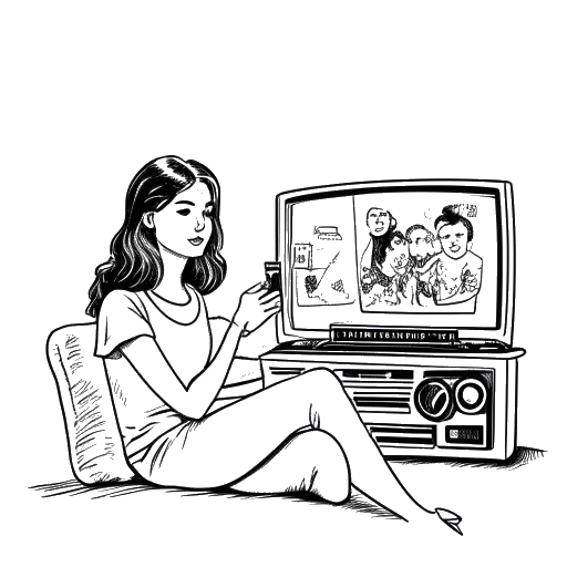 Line art drawing of a young woman, representing Lily Chee, watching TV and holding a remote control, with show logos in the background