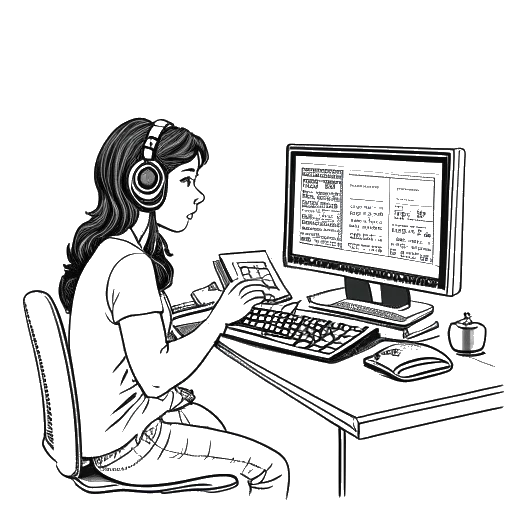 Desenho em arte linear de uma jovem mulher, representando Lily Chee, editando um vídeo em um computador, com os nomes das ferramentas de edição de vídeo e o efeito vintage de 8mm ao fundo