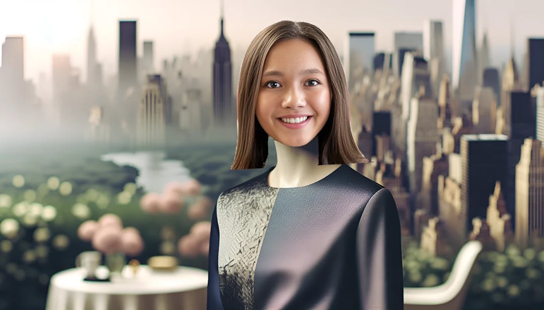 Lily Chee, exudando elegancia con un atuendo de alta moda, con el horizonte de la ciudad de Nueva York y logotipos de marcas de moda sutiles en el fondo, sosteniendo un ramo de flores rosas.