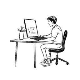 Strichzeichnung eines Mannes, der Sebastian Meyer (Rewinside) darstellt, der in der Nähe eines Computermonitors ein ansprechendes Video erstellt.