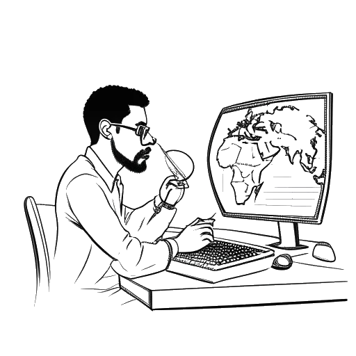 Strichzeichnung eines Mannes, der Rewinside darstellt, der an einem Schreibtisch mit Mikrofon sitzt, vor einem Computerbildschirm mit einer Afrika-Karte und einer 24-Stunden-Uhr