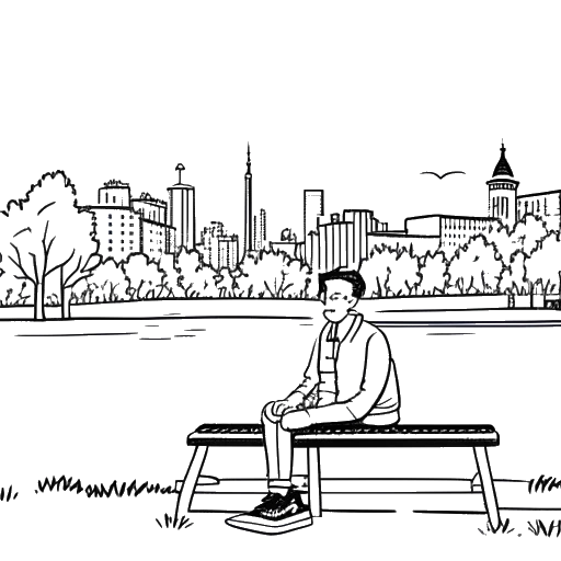 Strichzeichnung eines Mannes, der Rewinside darstellt, der auf einer Parkbank sitzt, im Hintergrund die Kölner Skyline, friedlich lächelnd