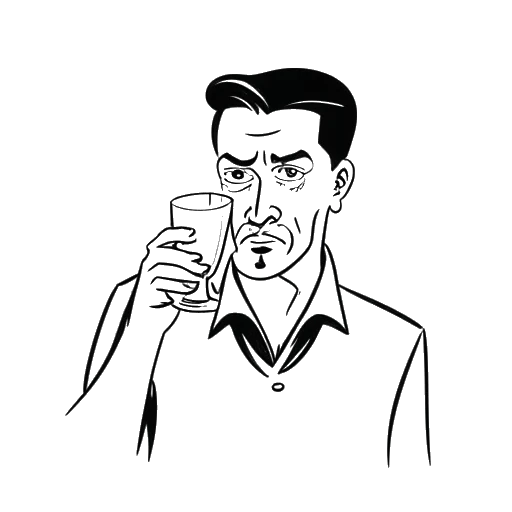 Strichzeichnung eines Mannes, der Rewinside darstellt, der ein Glas mit durchgestrichenem Gin Tonic hält und eine Grimasse macht