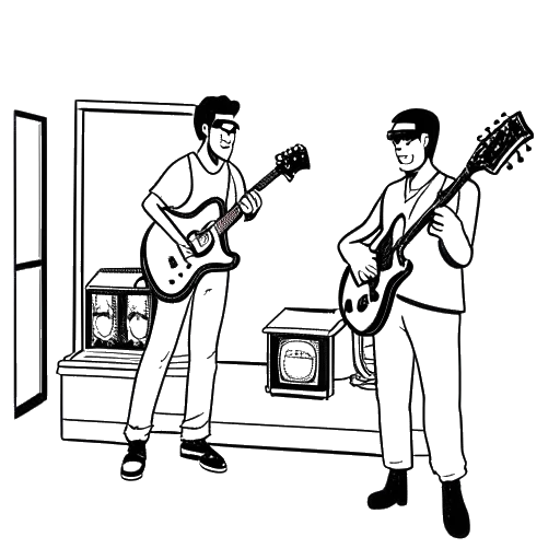Strichzeichnung von zwei Männern, die Rewinside und Michael Moritz darstellen, die in einem Musikstudio mit Kopfhörern und einer Gitarre stehen und ein Schild mit der Aufschrift 'notsocool' an der Wand haben