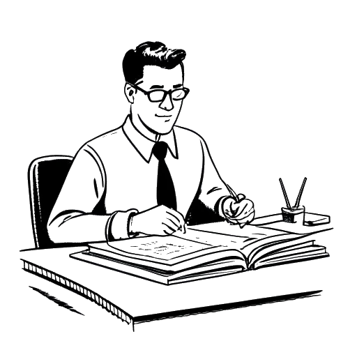 Strichzeichnung eines Mannes, der Rewinside darstellt, der an einem Schreibtisch mit Dokumenten sitzt, ein Namensschild trägt, auf dem 'Immobilienkaufmann' steht