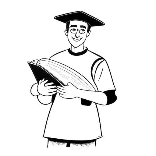 Strichzeichnung eines Mannes, der Rewinside darstellt, der einen Fußball und ein Englischbuch hält, eine Abschlusskappe trägt