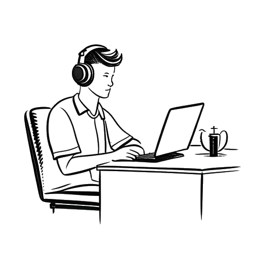 Strichzeichnung eines Mannes, der Rewinside darstellt, der an einem Schreibtisch sitzt mit Kopfhörern, Mikrofon und einem Computerbildschirm, auf dem ein 'Geheim'-Symbol angezeigt wird