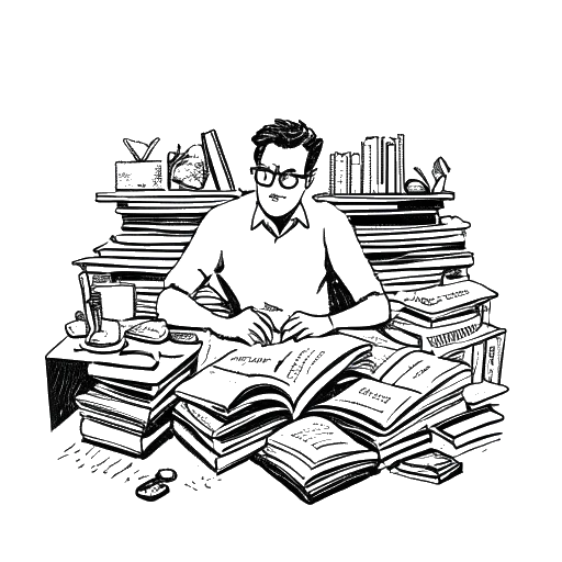Strichzeichnung eines Mannes, der Rewinside darstellt, der an einem Schreibtisch umgeben von Büchern über Deutsch, Mathematik und Handarbeit sitzt und verwirrt aussieht