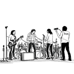 Zeichnung einer Band, die Tokio Hotel mit Tom Kaulitz darstellt, die auf einer Bühne vor einem faszinierten Publikum spielt, auf einem weißen Hintergrund.