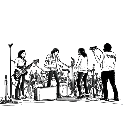 Zeichnung einer Band, die Tokio Hotel mit Tom Kaulitz darstellt, die auf einer Bühne vor einem faszinierten Publikum spielt, auf einem weißen Hintergrund.
