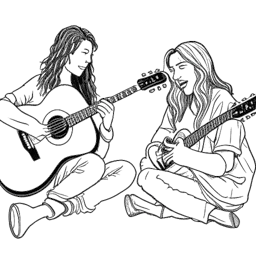Strichzeichnung eines jungen Mannes, der Tom Kaulitz darstellt, der Gitarre spielt, während sein Bruder Bill Kaulitz bewundernd zusieht, auf einem weißen Hintergrund.
