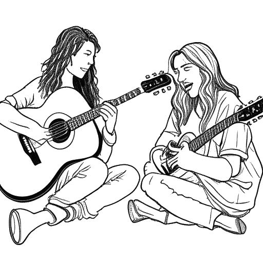 Line art of a young man, representing Tom Kaulitz, playing the guitar with his brother, representing Bill Kaulitz, watching in admiration, on a white backdrop.