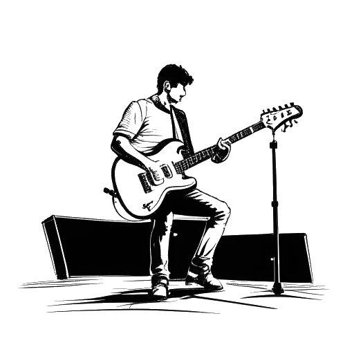 Line art drawing of a man, representing Tom Kaulitz, enthusiastically playing an electric guitar on a stage bathed in spotlight beams, indicating his dual income sources from live performances and television appearances.