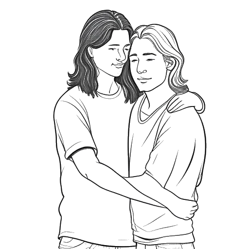 Line art drawing of Tom and Bill Kaulitz with their arms around each other.