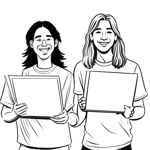 Line art drawing of Tom and Bill Kaulitz holding up their high school diplomas, with laptops open.