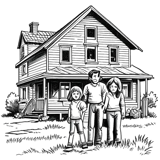 Line art drawing of Tom and Bill Kaulitz with their mother, standing in front of their house in Loitsche.