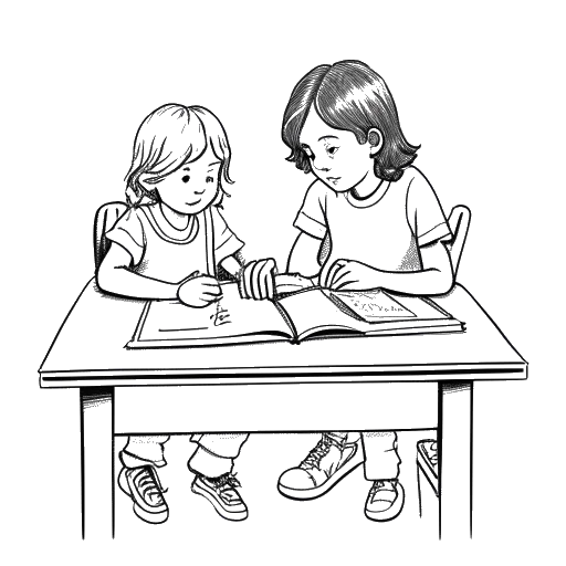 Line art drawing of Tom and Bill Kaulitz as young boys, writing songs.