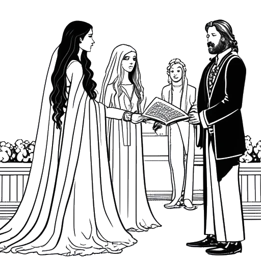 Line art drawing of Tom Kaulitz marrying Heidi Klum, with Bill Kaulitz officiating.