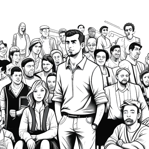 An elaborate drawing of a man symbolizing FaZe Banks, surrounded by young talents in a contemporary city environment, showcasing his leadership at FaZe Clan and business achievements.