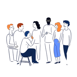 Uma ilustração simples de um homem representando o FaZe Banks em uma conversa profunda com um grupo diversificado, simbolizando sua abertura sobre lutas pessoais e empreendimentos criativos diversos.